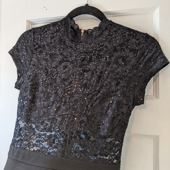 High-Neck Black Sequin Clubbing Romper Skort - Picture 3 of 9